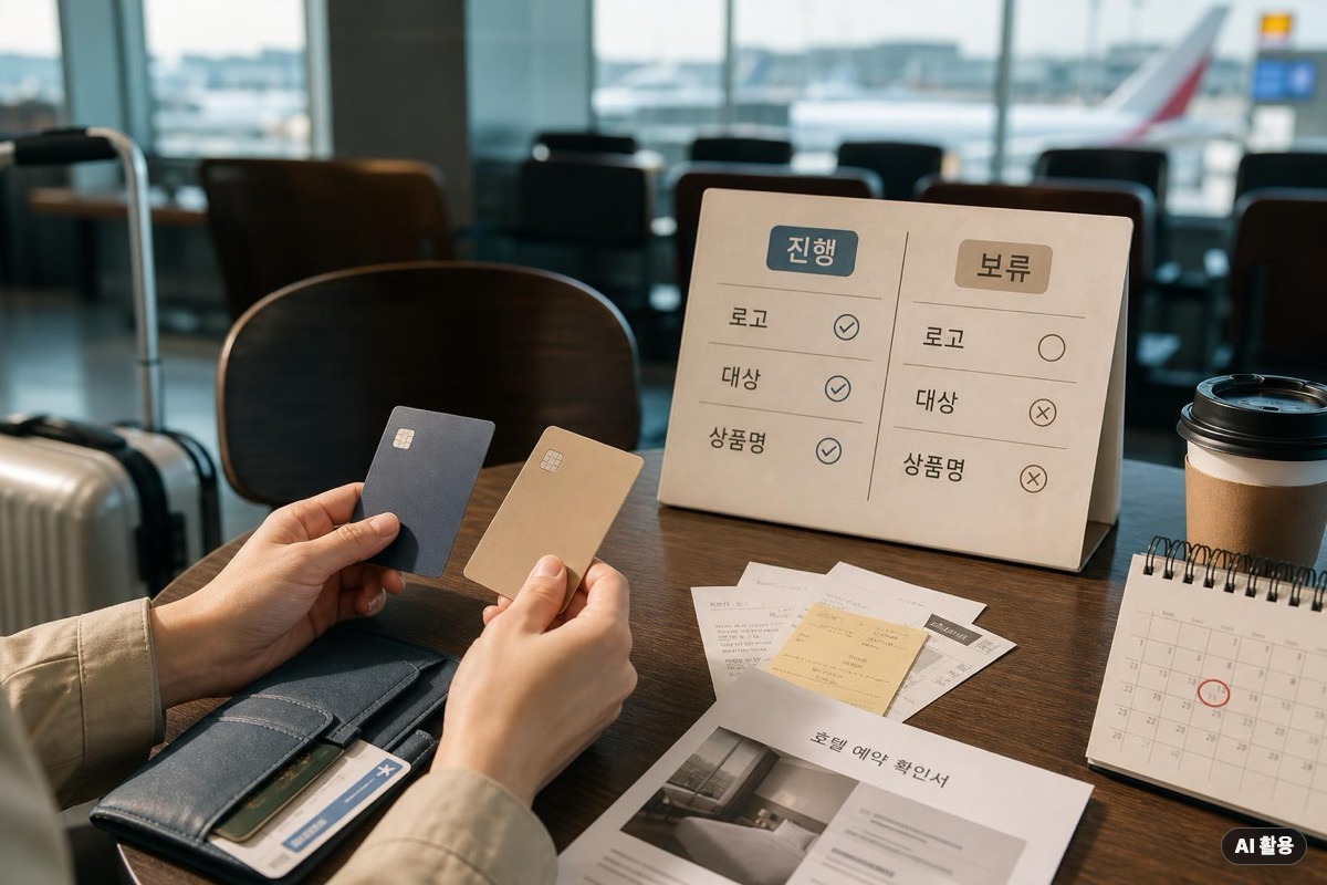 공항 카페 테이블에서 카드 혜택 대상 여부를 진행과 보류로 나눠 확인하는 장면