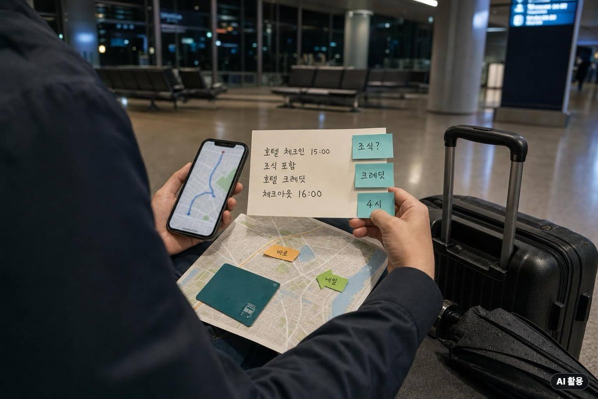 공항 도착 후 FHR 조식·크레딧·4시 체크아웃을 일정표로 따져보는 장면
