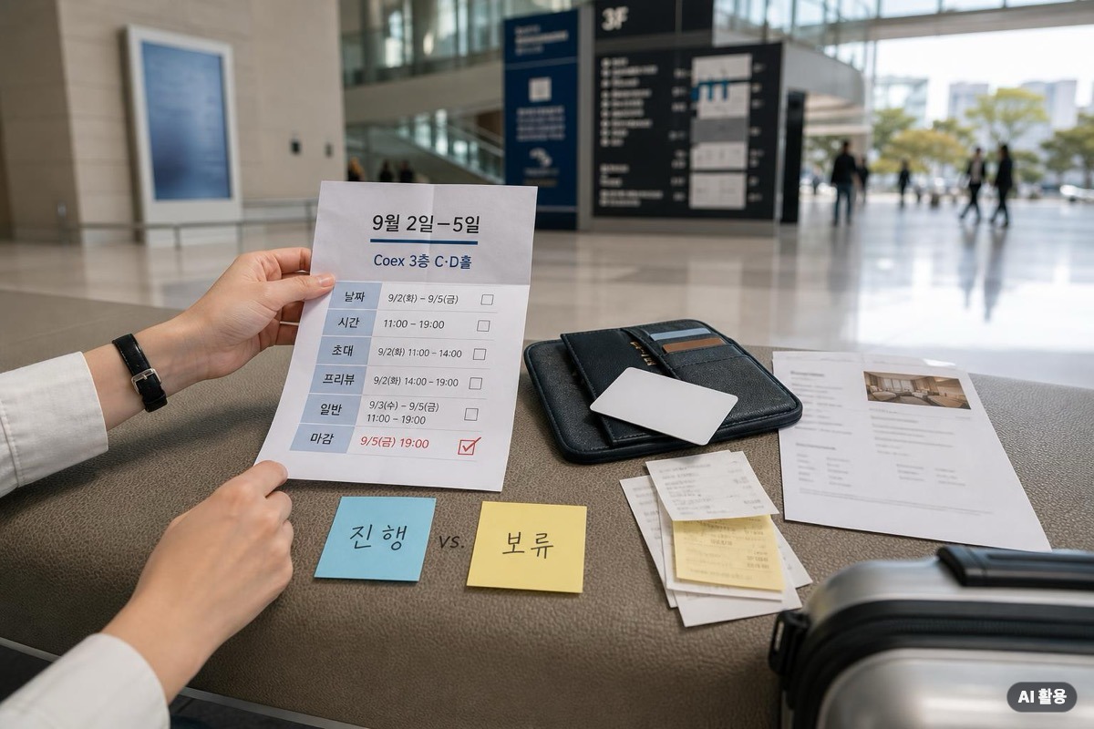 코엑스 입장 시간표와 진행·보류 메모를 확인하는 여행 지갑
