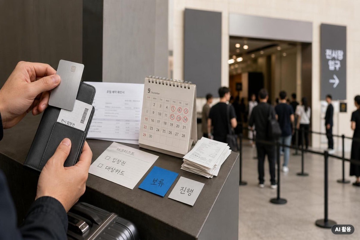 코엑스 입장 전 입장권과 대상카드 조건을 확인하는 손