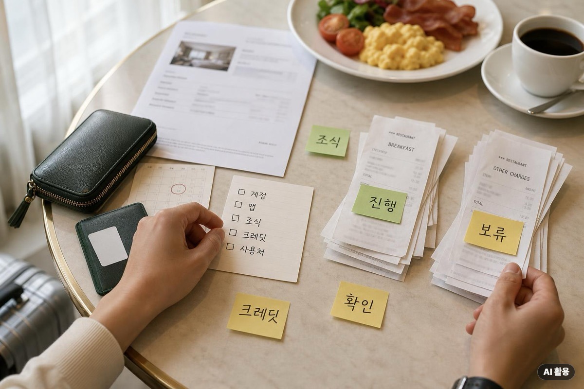 호텔 조식 테이블에서 혜택 확인 메모와 영수증을 나누는 장면