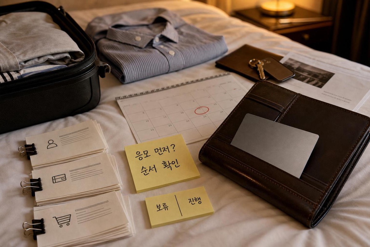 응모 순서 확인 메모와 마감 달력, 여행 지갑에 넣은 카드
