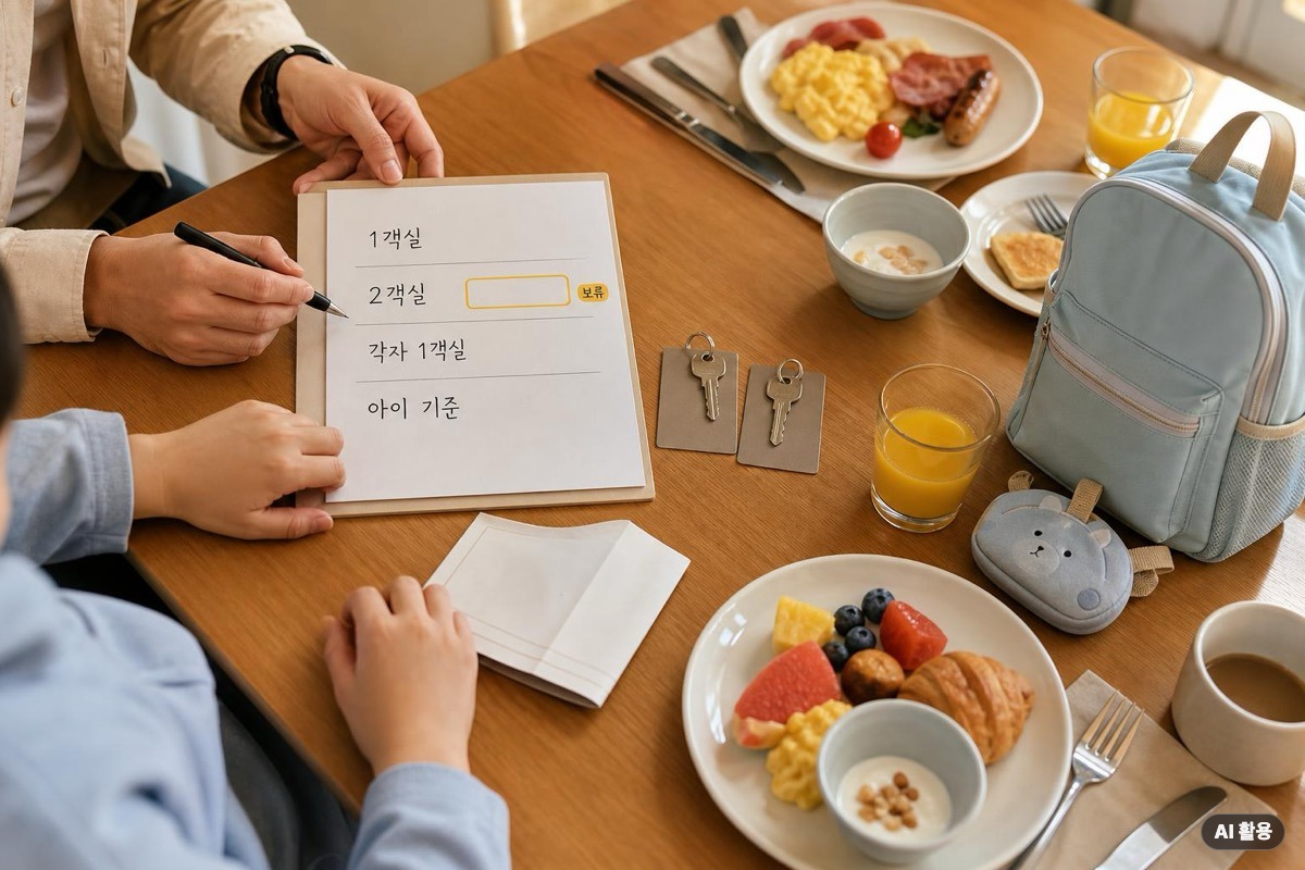 가족 4명 호텔 예약 구조와 조식 혜택 누락을 비교하는 장면