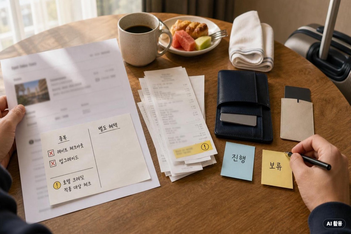 FHR와 멤버십 혜택 중복 여부를 영수증과 메모로 비교하는 장면