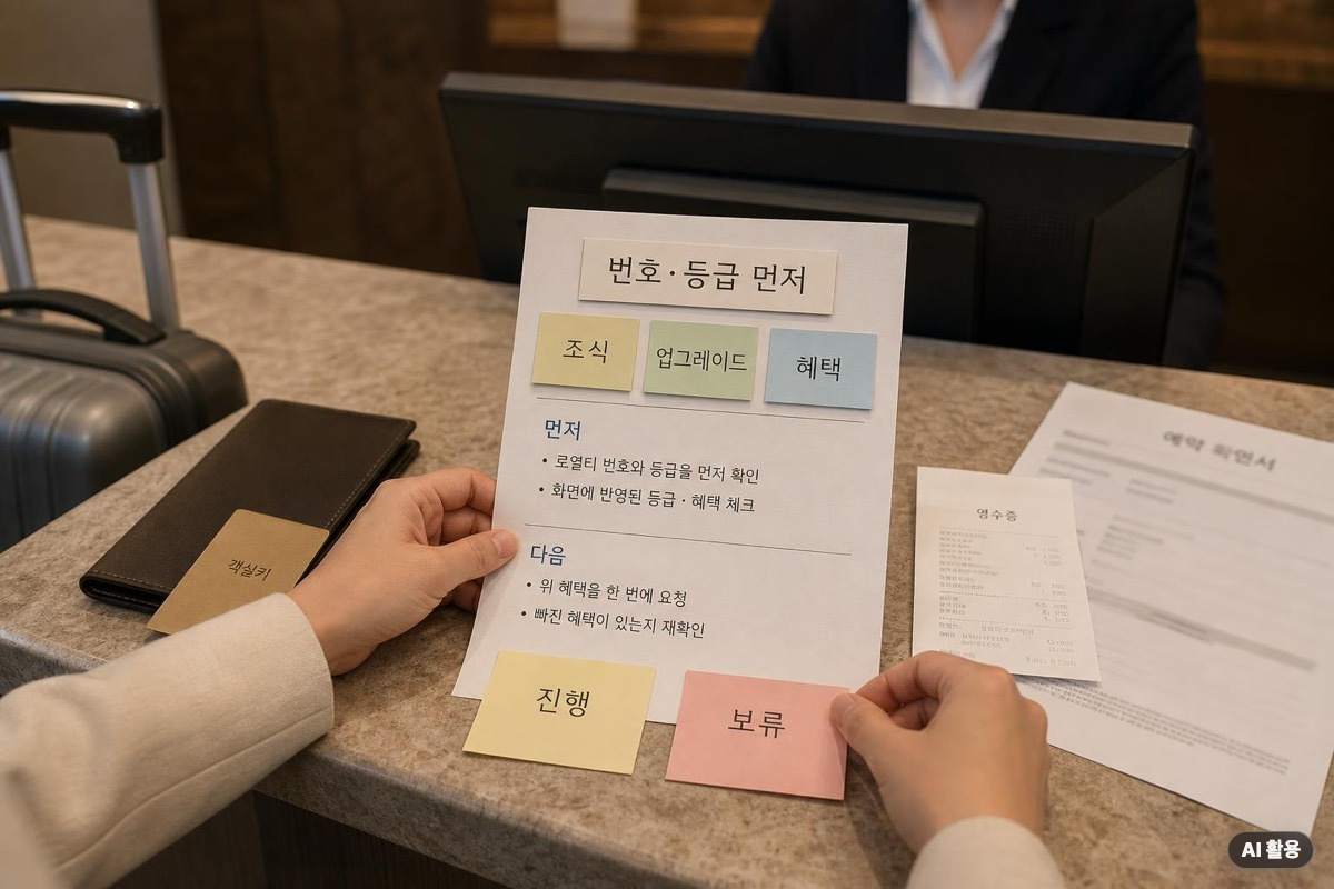 해외 호텔 체크인 카운터에서 번호와 등급을 먼저 확인하는 메모