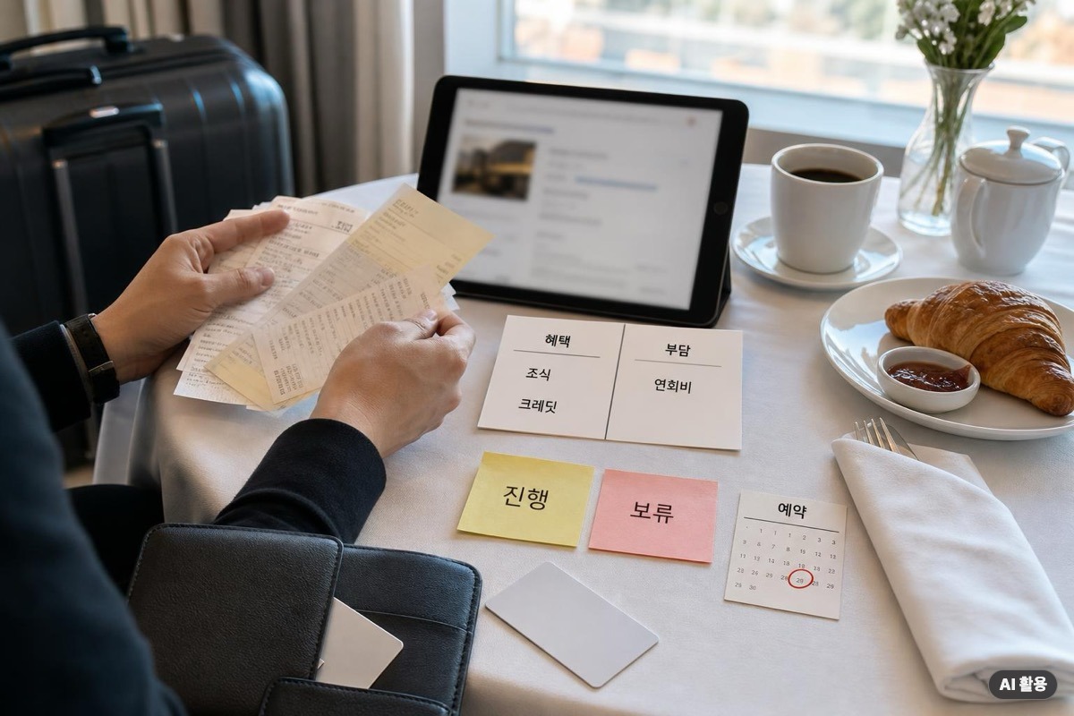 호텔 조식 테이블에서 혜택과 연회비를 비교하는 예약 기준을 보는 장면