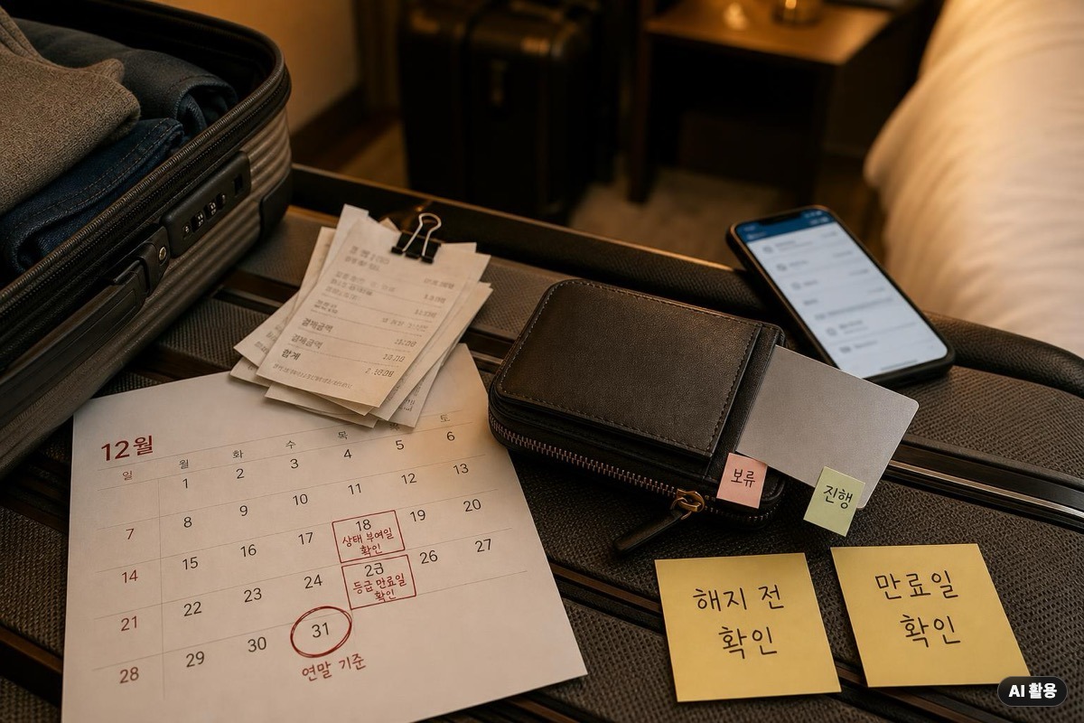 실적 달성 후 등급 만료일과 해지 전 확인 메모를 남기는 여행 지갑