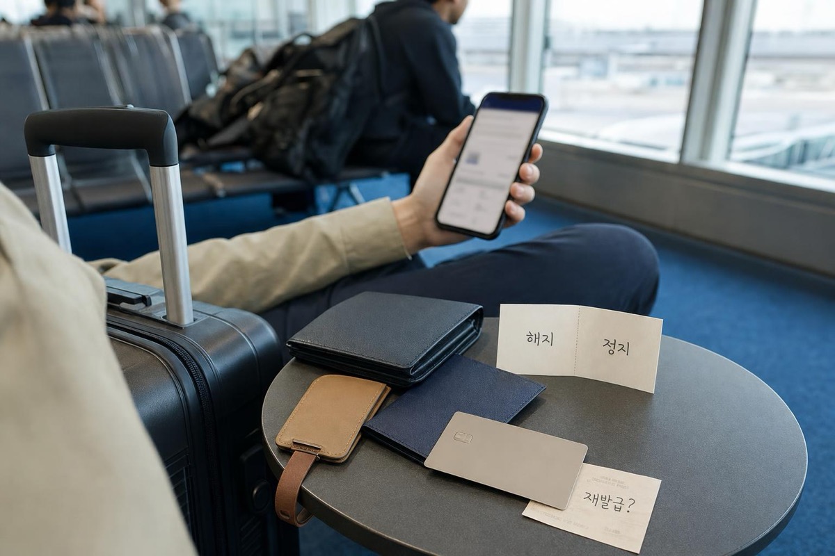 공항 대기석에서 카드 해지와 정지 보관을 비교하는 여행자