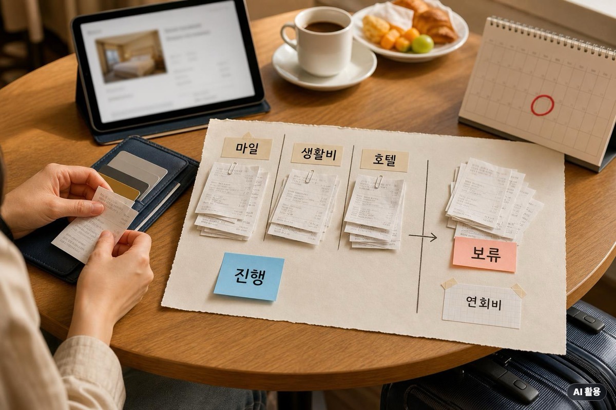 영수증을 마일·생활비·호텔 역할별로 나눠 진행과 보류를 판단하는 장면