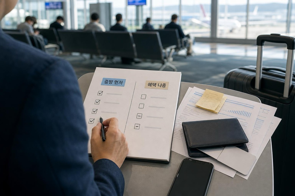공항 대기석에서 재신청 증빙 체크리스트를 정리하는 장면