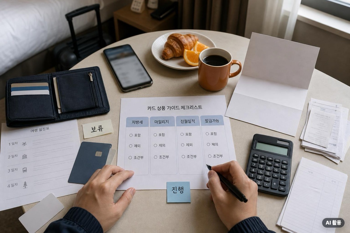 상품설명서에서 지방세·마일리지·전월실적을 따로 확인하는 장면