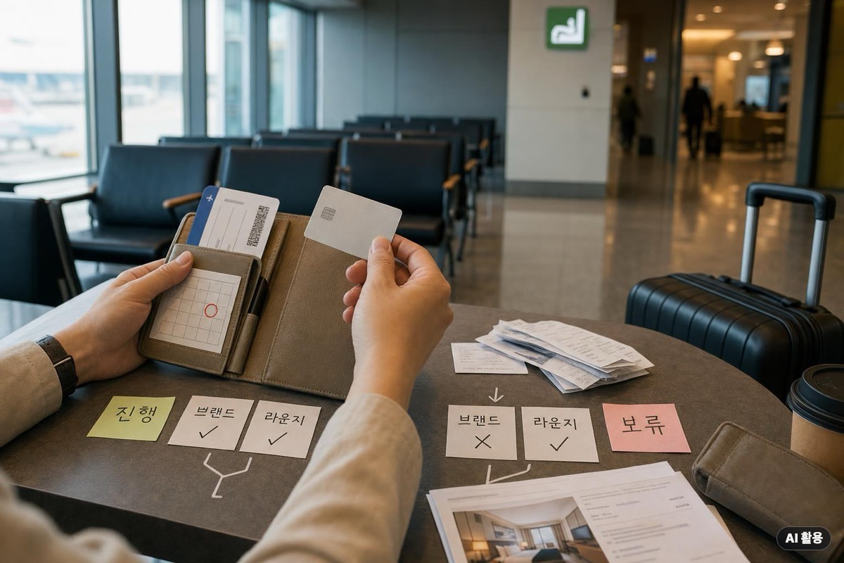 공항 대기석에서 카드 브랜드와 라운지 조건을 대조하는 체크 장면