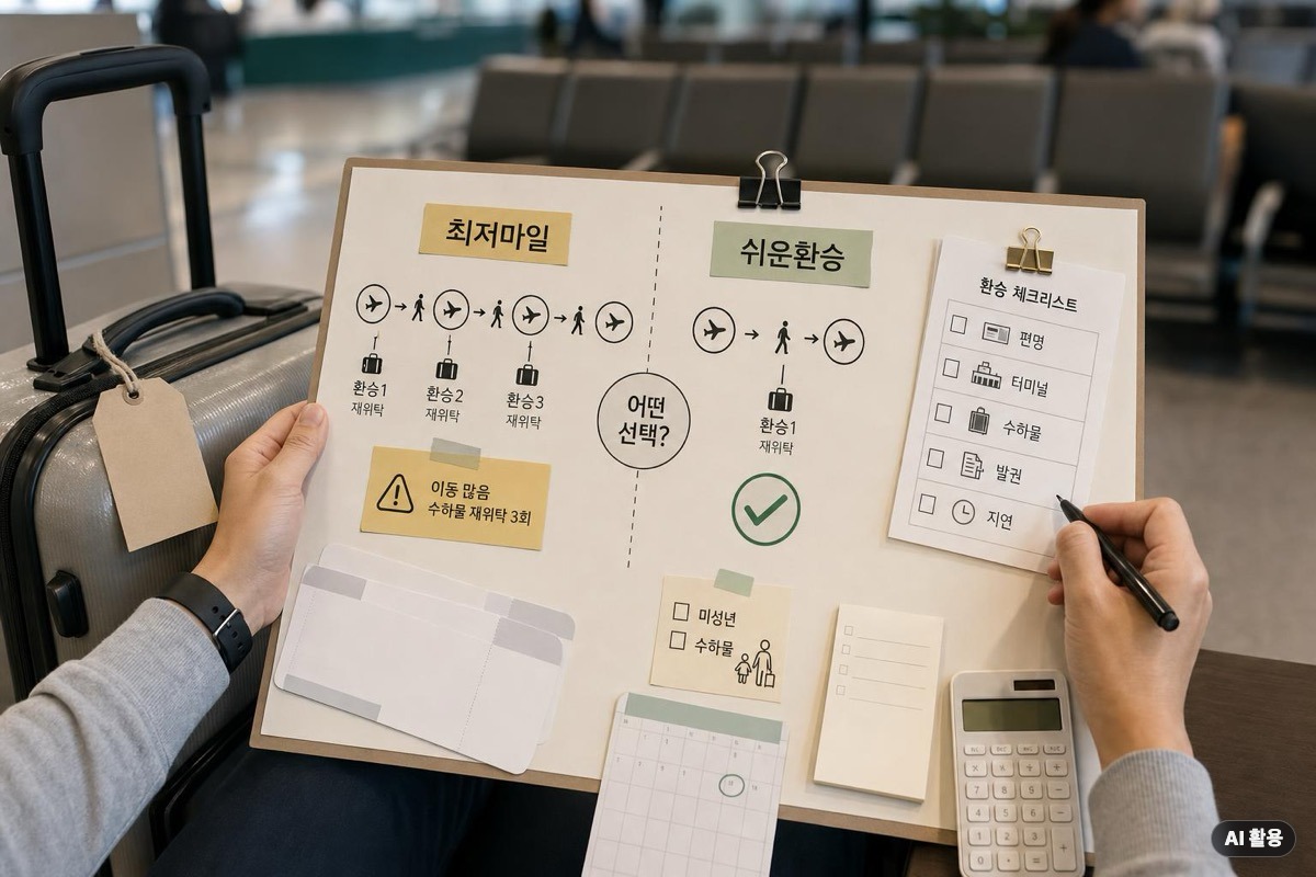 공항 의자 옆에서 최저 마일과 쉬운 환승을 비교하는 체크리스트
